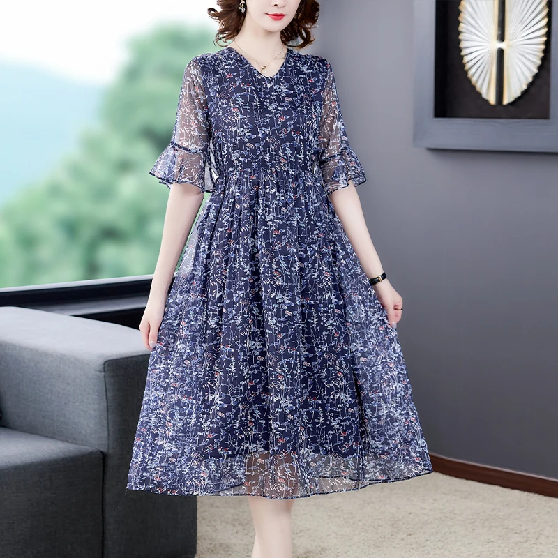 

Женское шифоновое платье средней длины, повседневное синее платье из натурального шелка с винтажным принтом, облегающее вечернее платье, лето 2023