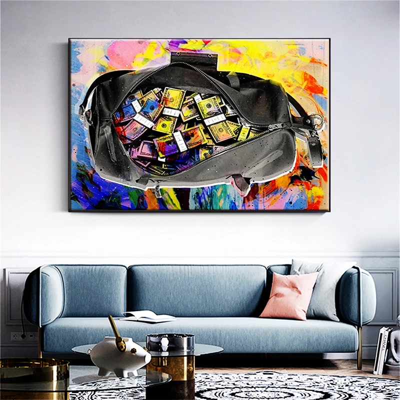 

Graffiti Art Canvas Painting Colorful Money in the Bag Wall Art Posters and Prints Street Art Picture for Living Room Home Decor