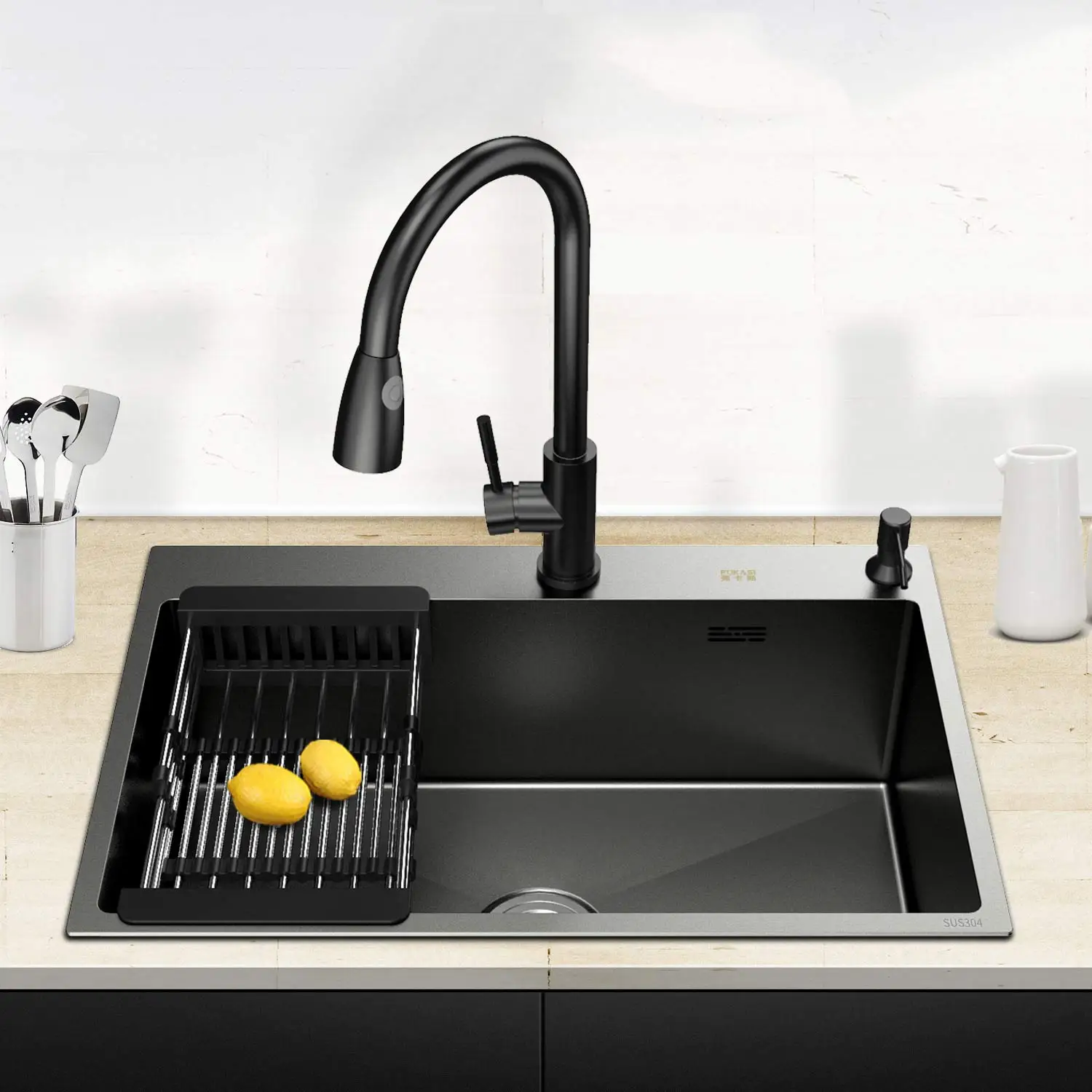 

AE02AC-0004 kitchen black single sink set SUS304 stainless steel sink thickened vegetable sink manual sink under counter basin