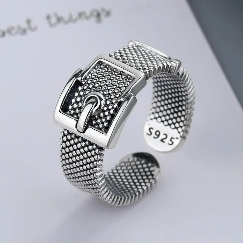 

Pure S925 silvering belt buckle ring retro open high quality personality male female gender-neutral adjustable creative ring