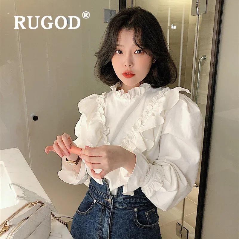 RUGOD Spring Ruffle Blouse Women Blouses Long Sleeve Elegant Top Korean Fashion Clothing Women's Shirts Bell White | Женская одежда