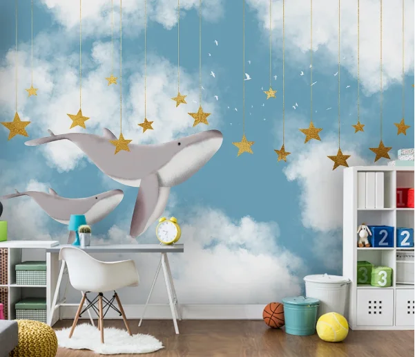 Ручная роспись креативная детская спальня настенная Кит Рыба синяя бумага рулон