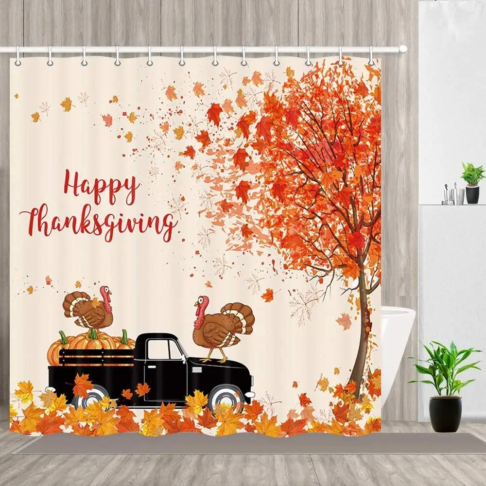 

Thanksgiving Autumn Holiday Shower Curtain, Turkey on Pumpkin Car Under Maple Tree Polyester Fabric Bathroom Curtain Decor Hooks