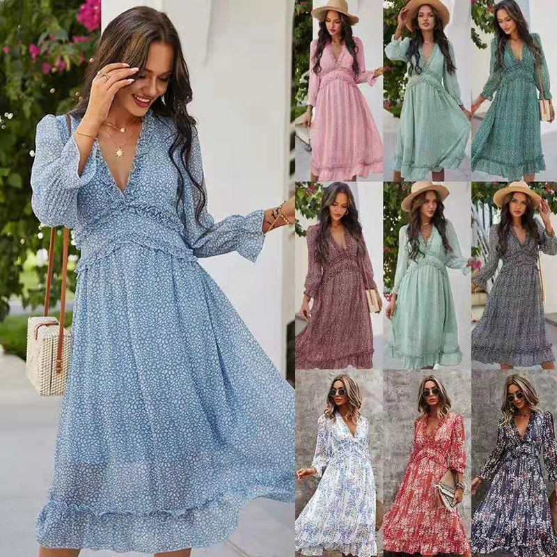 Платье миди с принтом синие черные красные повседневные женские платья V