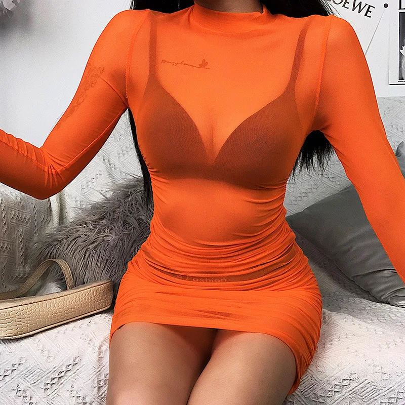 Пикантные оранжевого цвета с сеткой перспективное эластичное облегающее платье