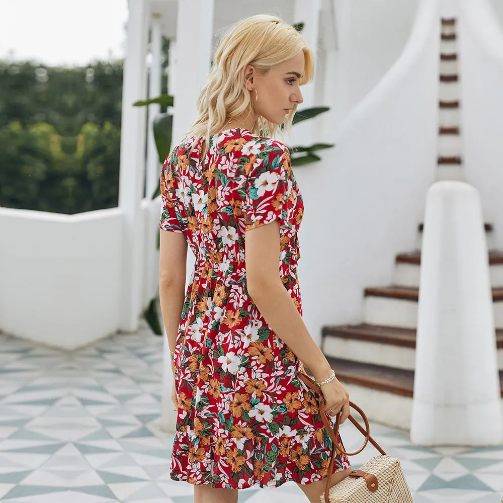 

2021 Summer New Women's V-neck Short Print Dress Ladies Casual Ruffles Short Sleeve Above Knee Mini Dress