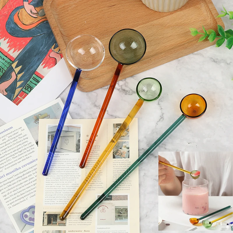 Colored Transparent Glass Spoon Long Handle Dessert Ice Cream Tea Coffee Milk Stirring Spoon Kitchen Tableware Accessories