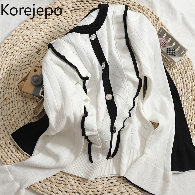 

Женский Универсальный свитер кореjepo на осень и зиму 2021, новый модный тонкий удобный ажурный топ контрастных цветов с круглым вырезом