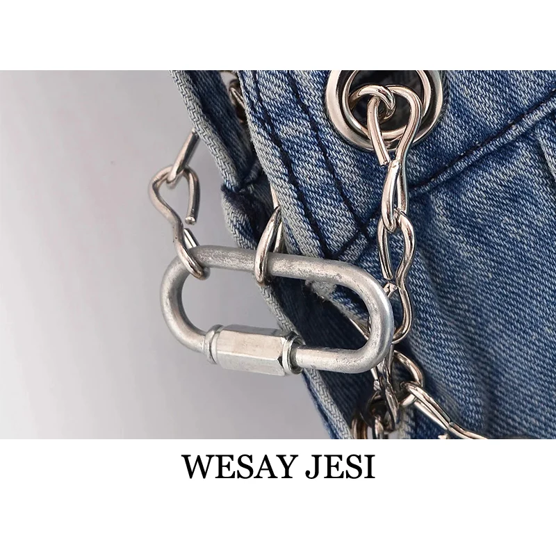 

WESAY JESI Za Women's Clothing 2021 Denim Shorts Fashion Solid Color Button Female Jumpsuit Hole Distressed Playsuits Streetwear