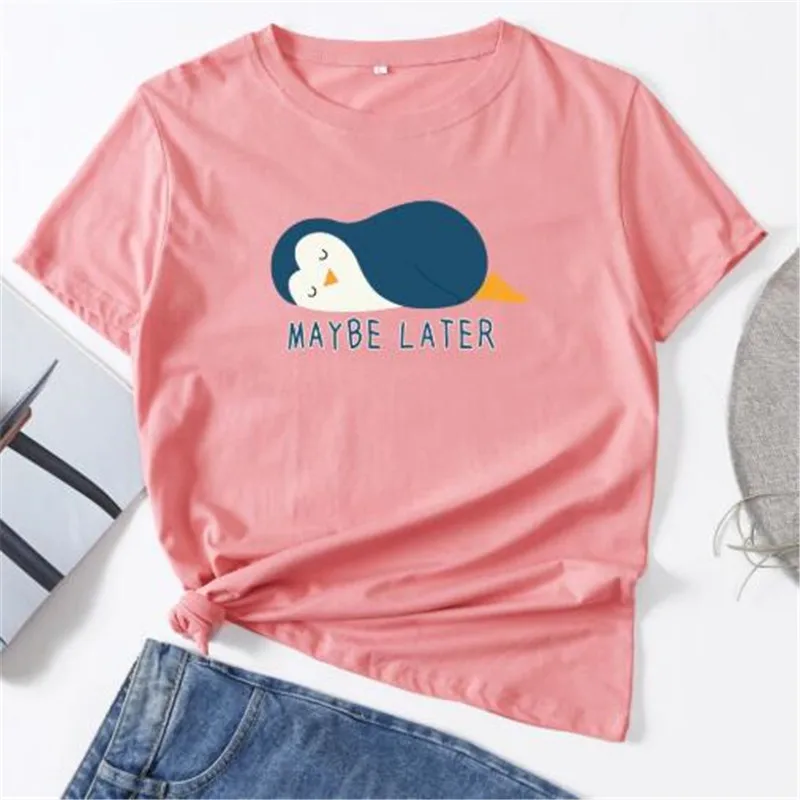 

Women Summer Short Sleeve 100% Cotton T shirt Plus Size 5XL Oversized Lazy Penguin Print Casual T-shirt O Neck Lady Tees Tops