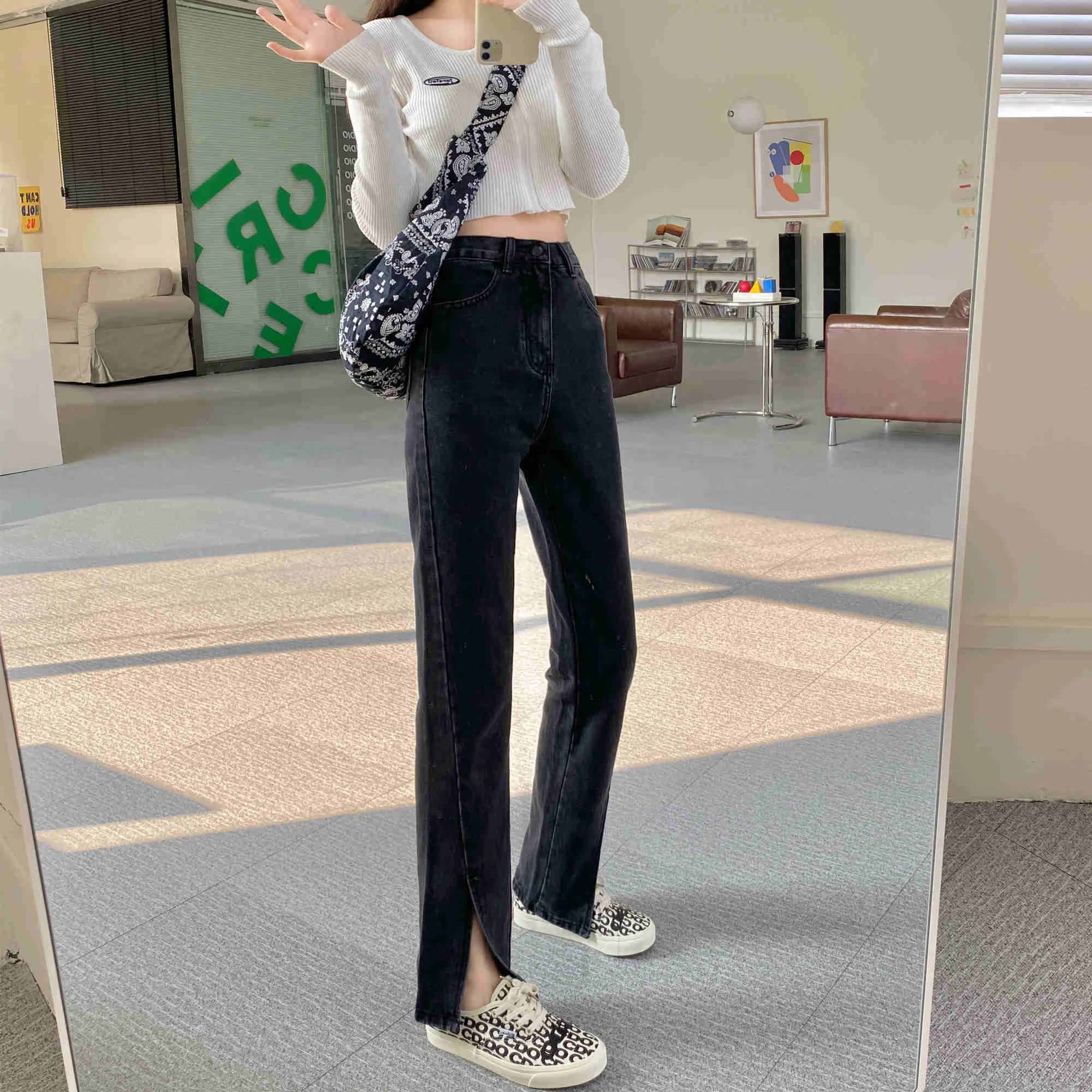 Small High Waist Slit Jeans Women's Straight Loose Straight-Leg Pants High Pants