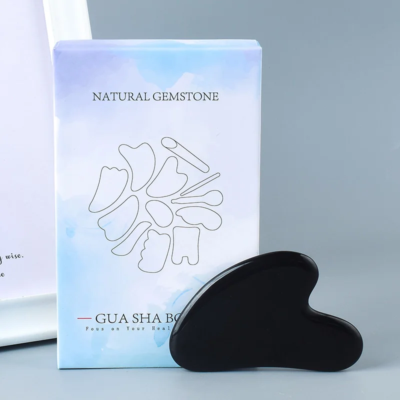 with box Скребок для лица гуашь черный обсидиан Gua Sha инструмент Acupuntura массажер Камень Точка ноги назад лифтинг для лица нефритовый массаж и подарочная коробка - Цвет: with box