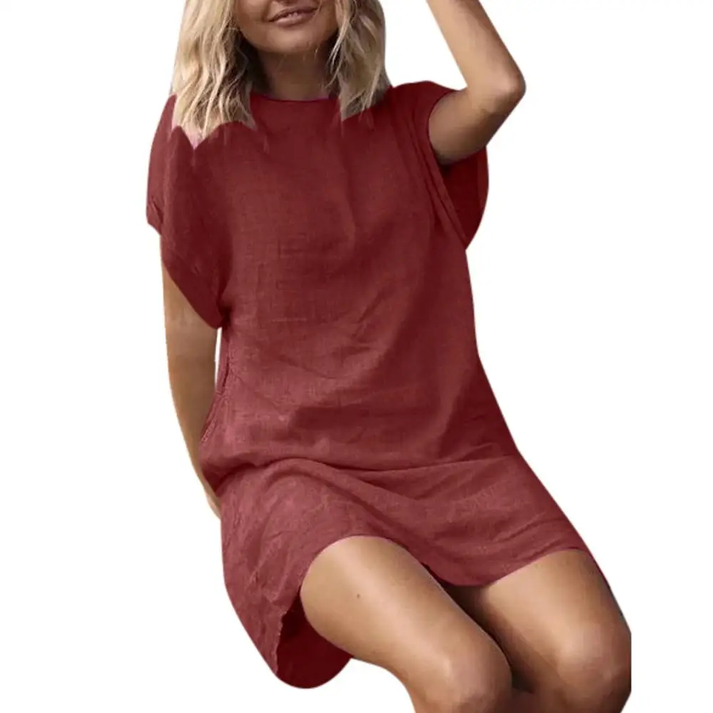 Бургундия Vestidos verao, женское летнее повседневное однотонное платье с коротким рукавом, льняное платье с вырезом лодочкой, женское летнее платье, vestidos femininos - Цвет: Бургундия