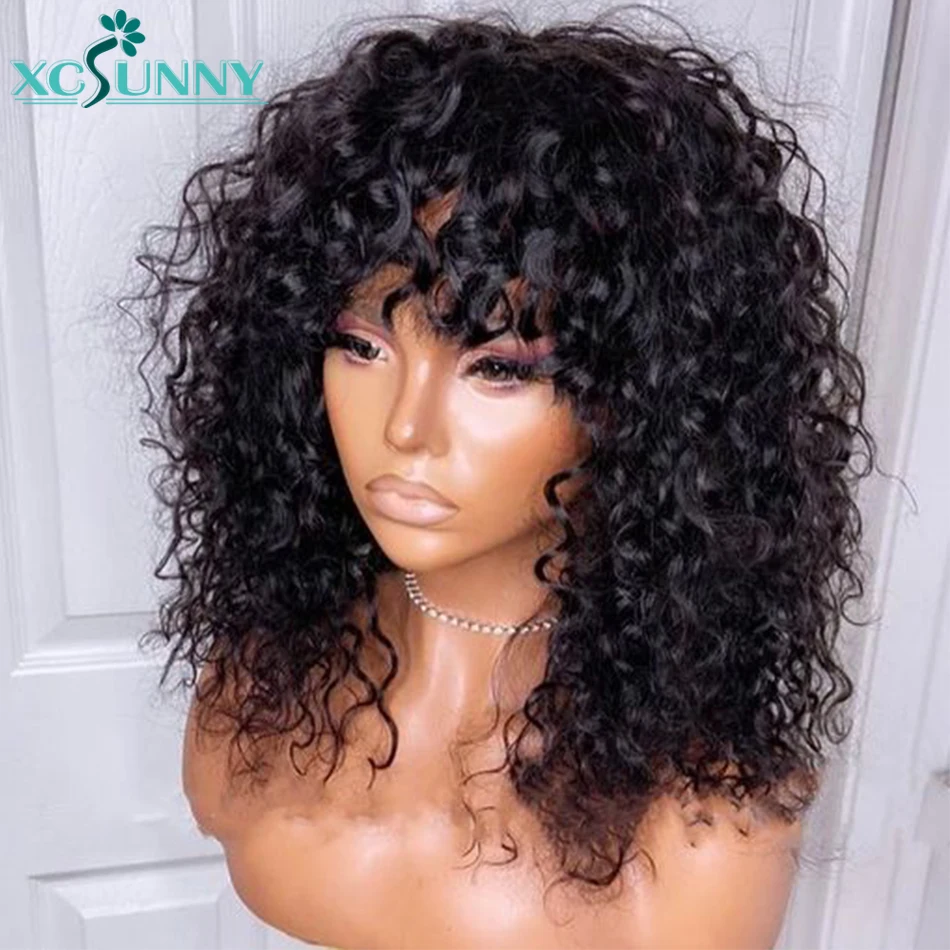 Deep Curly Human Hair Wig With Bangs O Silk Scalp Top Full Machine Made Remy Brazilian 18inch For Women xcsunny | Шиньоны и парики