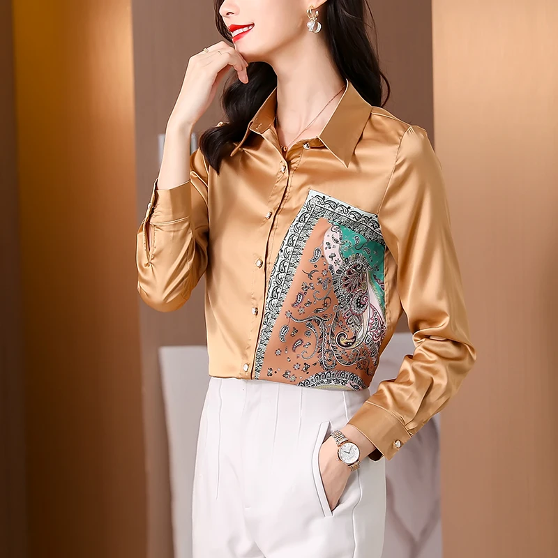 

Chiffon Women's Blouse Polo Girl's Shirt Autumn Fashion Long Sleeve Top Korean Casual Silk Clothing Print Lady Blusas Houthion