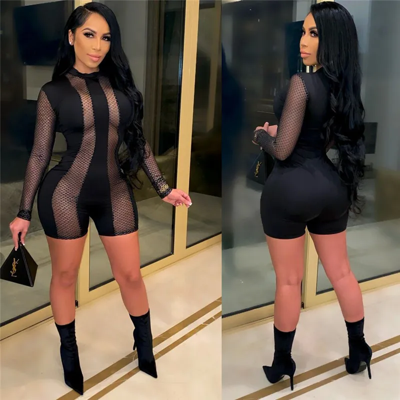 

Black Mesh Transparents Patchwork Women Rompers Sleepwear Long Sleeves Bodycon Casual Sleepwear Jumpsuit Femme Party Clubwear