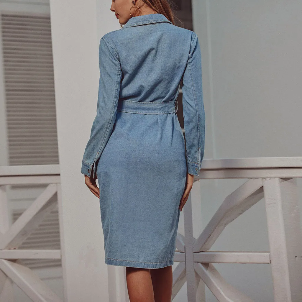 Женское джинсовое платье с длинным рукавом на шнуровке по колено женское vestido