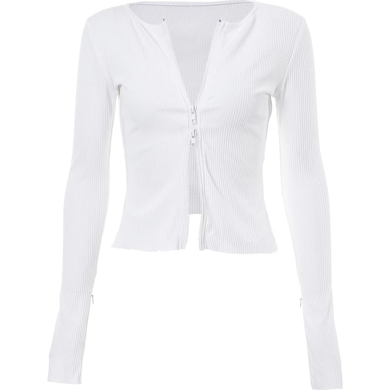 

Women Sexy Spring Autumn 2021 Thin T-shirt Long Sleeve Casual Fashion Slim-fit Knitted T-shirt With Double Zipper E629