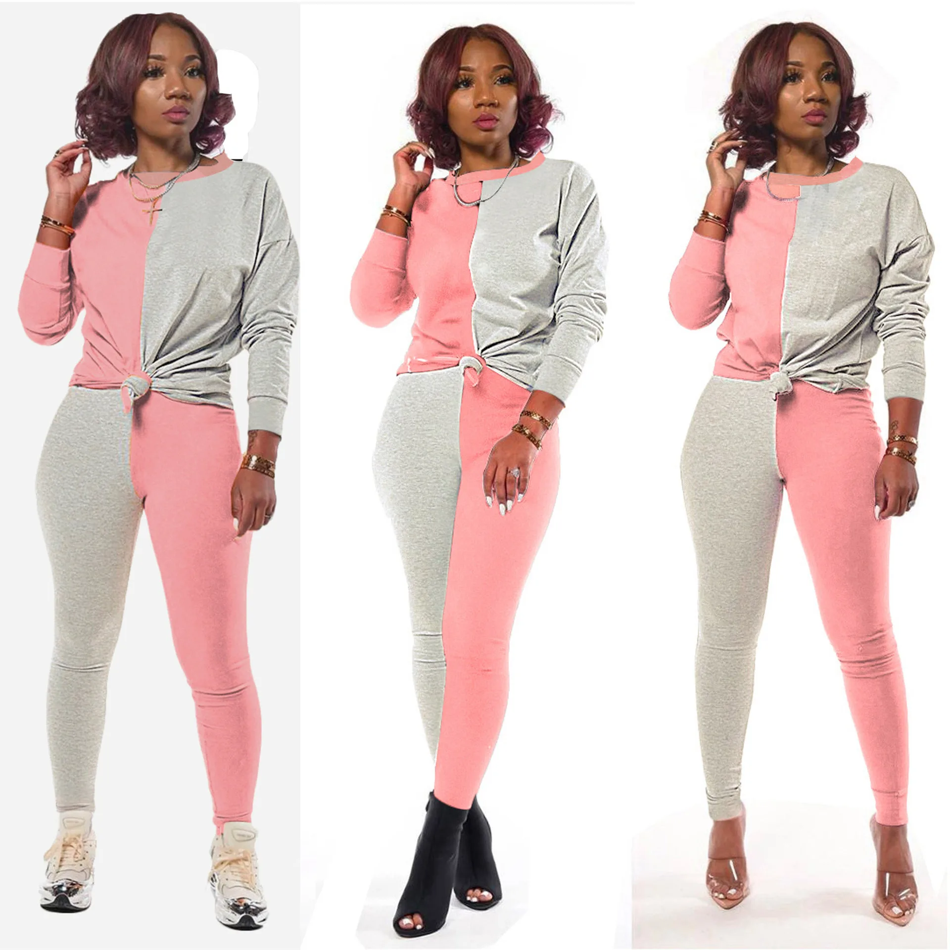 

Autumn new fashion color contrast stitching sports long sleeve trousers two-piece set