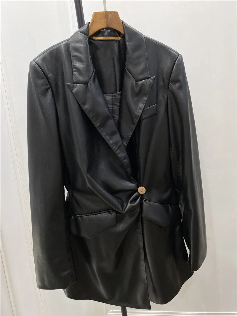 

Women's Faux Leather Blazer One Button Asymmetrical Two Color Fashion Long Sleeve Business Suit