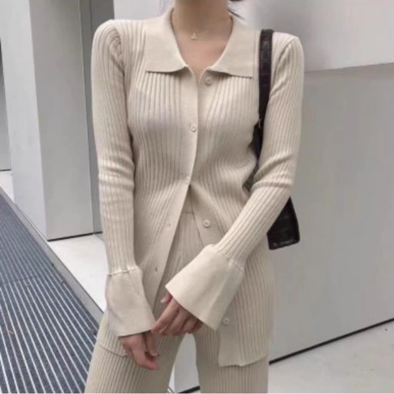 

Autumn Women's Casual Knit Suit Solid Lapel Single-Breasted Long Sleeve Cardigan High Waist Pants Two Piece Set Female Outfit