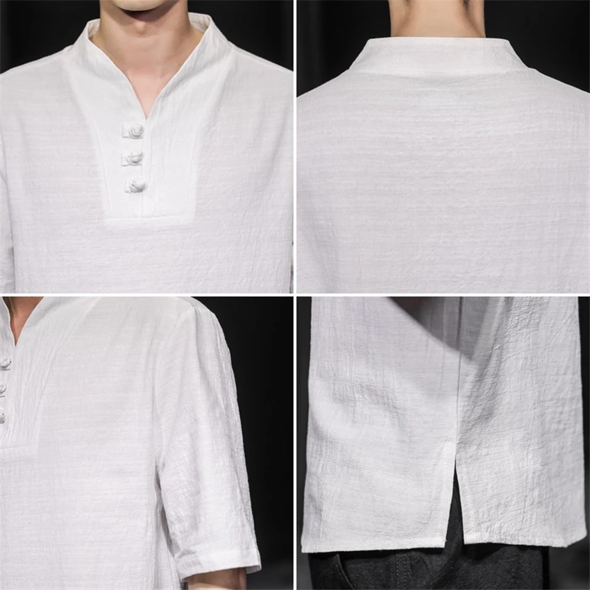 

5XL Chinese Top Summer T Shirts Men Short Sleeve Traditional Solid Color Flax Loose Plus Size Kungfu Clothing Male Fashion 2021
