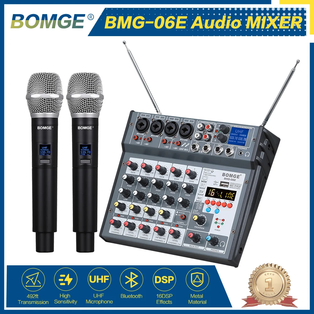 Профессиональный 6-канальный аудиомикшер встроенный 2-х ручной УВЧ микрофон