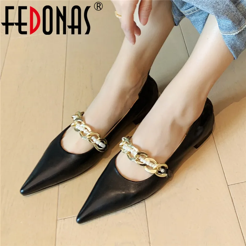 

FEDONAS Sweet Pointed Toe Shoes Woman Heels Spring Summer Pearl Decoration Thick Heels Pumps Genuine Leather Party Basic Shoes