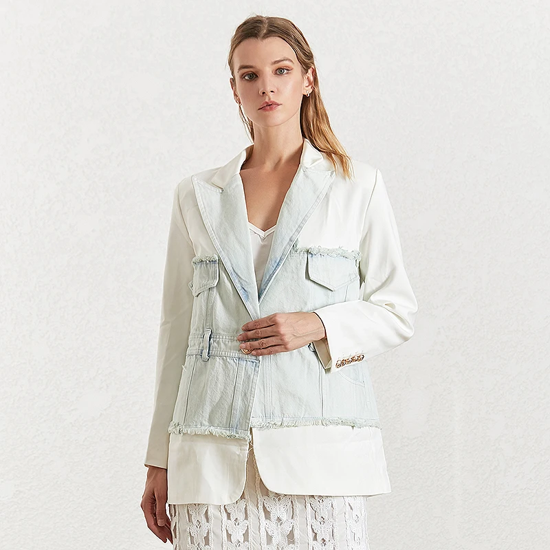 TWOTWINSTYLE джинсовый лоскутный выдалбливающий Женский блейзер с зубчатым