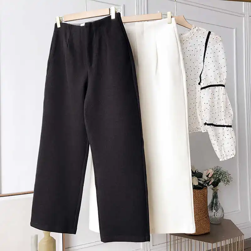 

1 Jin Simple High Waist Loose Straight Woolen Formal Wear Sports Wide-Leg Pants Women's Fashion Casual New Style Western Style C