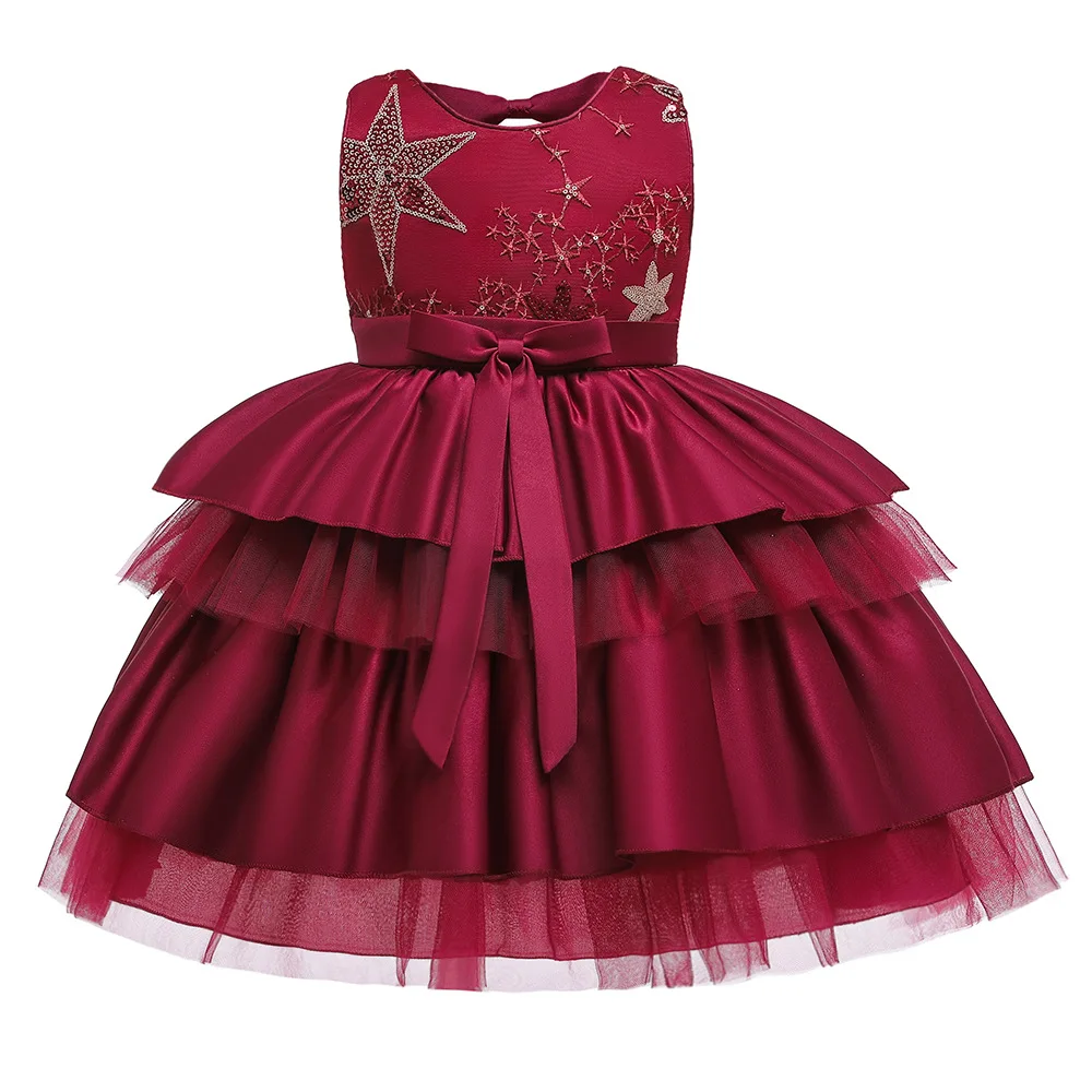 

Summer Star Sequin Embroidery Girl Princess Layered Dresses Fashion Sleeveless Kids Girls Bow Wedding Birthday Party Dress