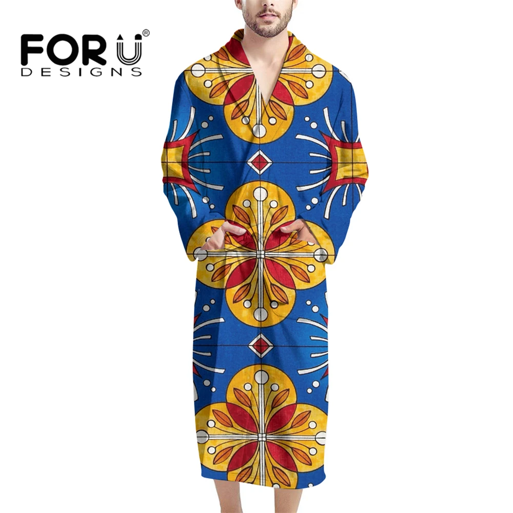 

FORUDESIGNS Spanish pattern Men's Retro Pajamas Kimono Luxurious Male Shawl Collar Fleece Bathrobe Spa Robe Lounge Sleepwear