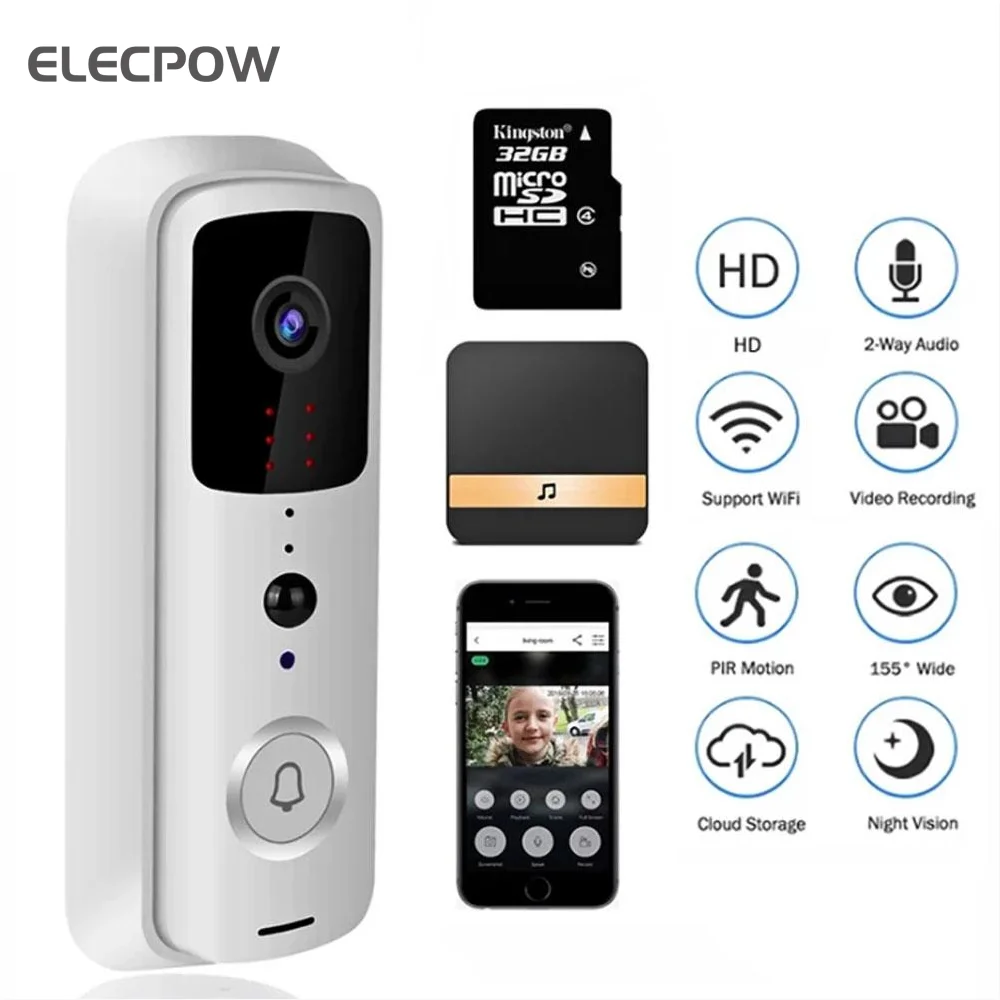 

Elecpow WIFI Doorbell Smart Home Wireless Video Door Bell Camera Intercom IR Night Vision Two Way Audio PIR Alarm Cloud Chimes