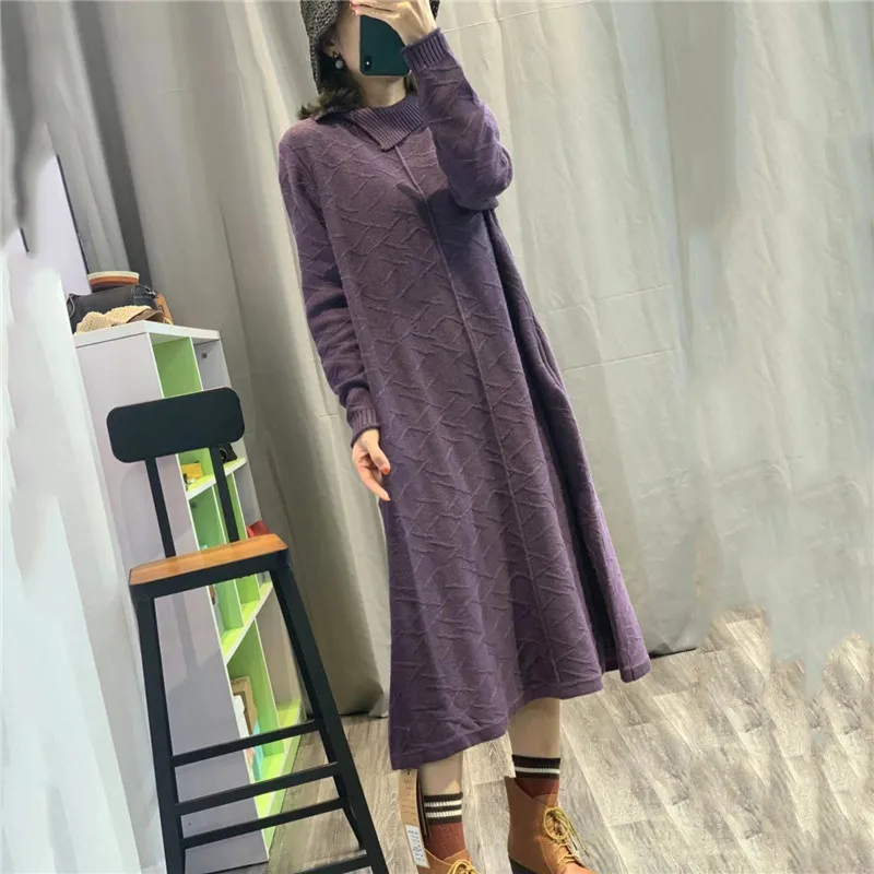purple Новинка, зимний модный Женский вязаный свитер с отворотом, однотонное платье с длинным рукавом XA433 - Цвет: purple