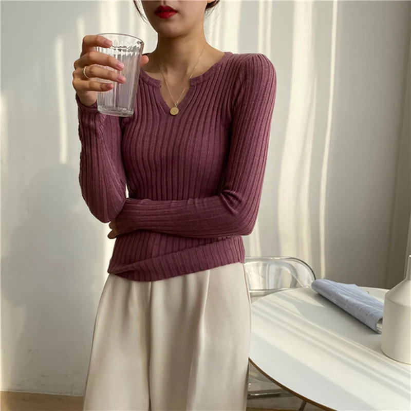 Женский облегающий вязаный свитер с V-образным вырезом пуловер длинным рукавом