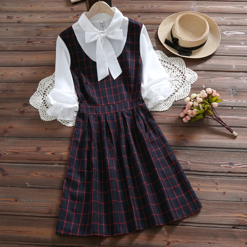 kawaii plaid dress spring preppy style bow long sleeve sweet college pleated Mori girl cute | Женская одежда