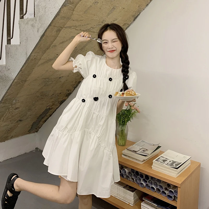 

COIGARSAM French Style Loose Women dress Pleated Dresses White 6626