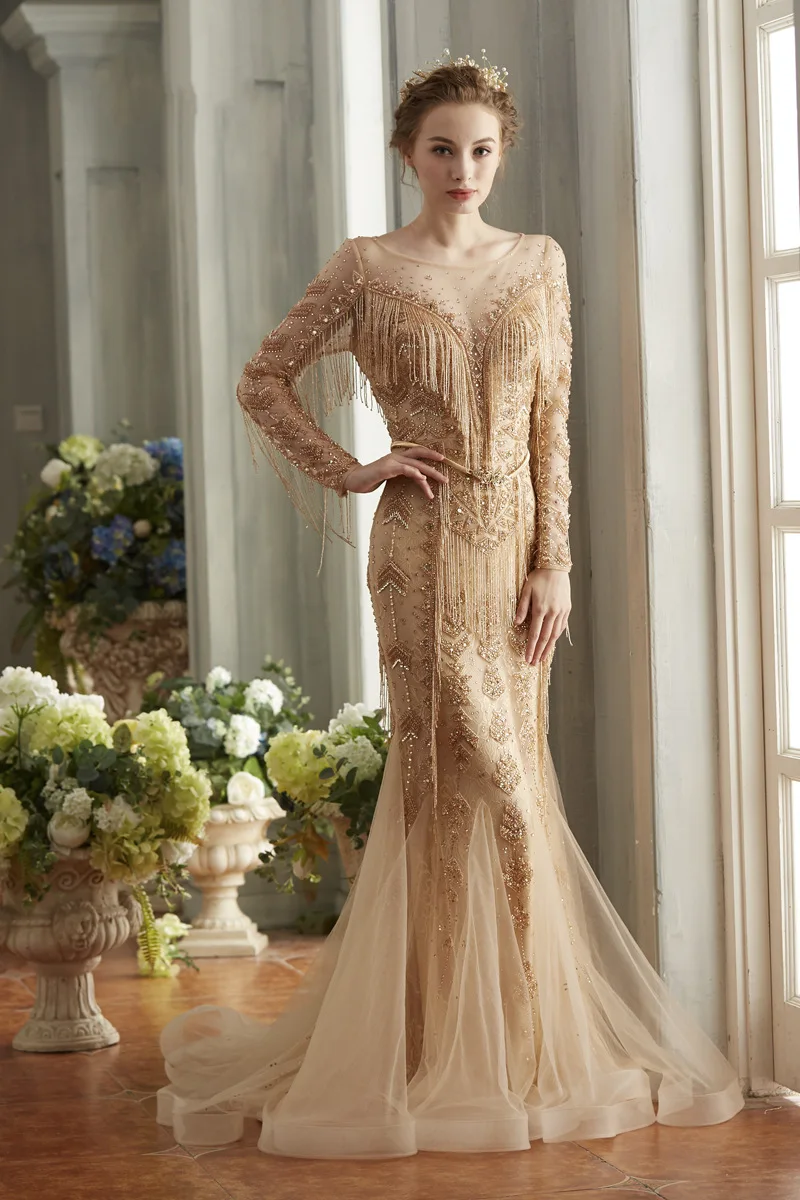 

Tassel Celebrity Dresses Gold Embroidery Long Sleeves Crystals Sweep Train Party Evening Gowns Crystals Stuning Robe