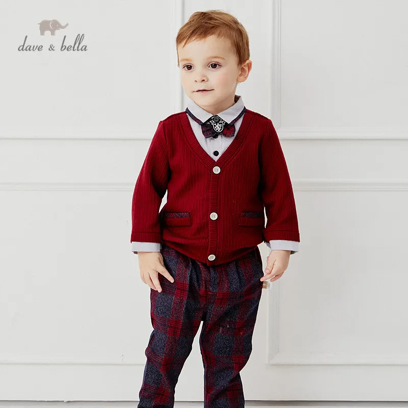 

DB14472 dave bella autumn baby boys fashion removable bow plaid clothing sets kids casual sets children 2pcs suit