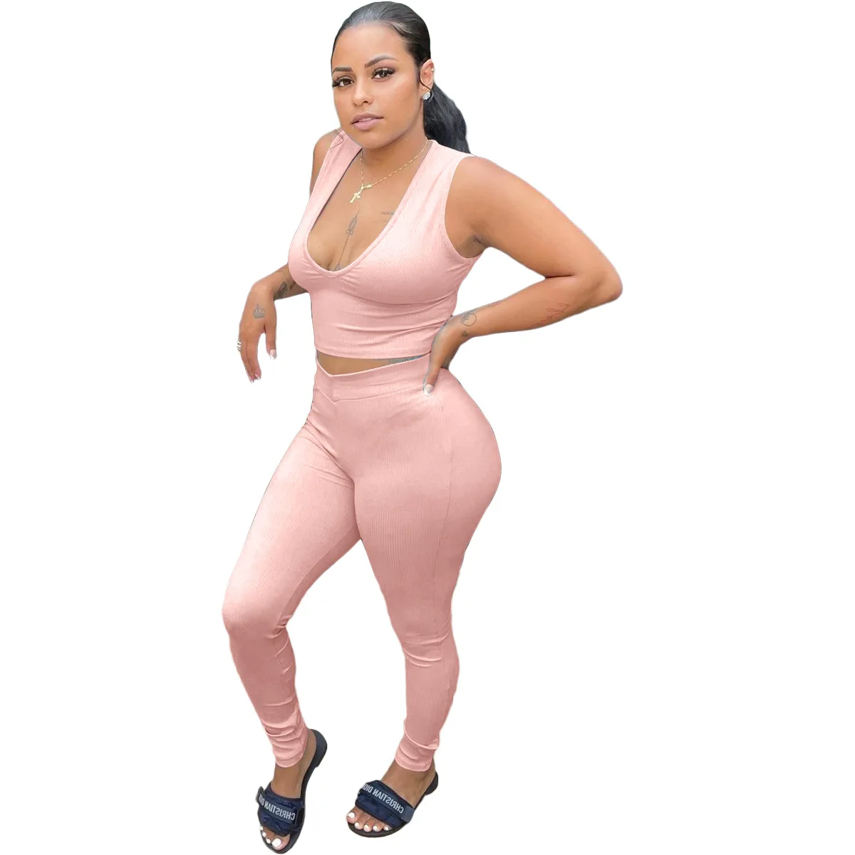 

Casual Knit Ribbed Two Piece Set Skinny Sportsuit Solid Color Tracksuit Matching Sets Summer Clothes For Women Outfit