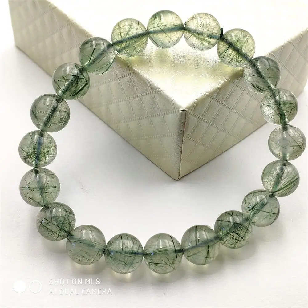10 мм натуральный камень зеленый волос Rutilated Кварц Crsytal браслет для женщин мужчин