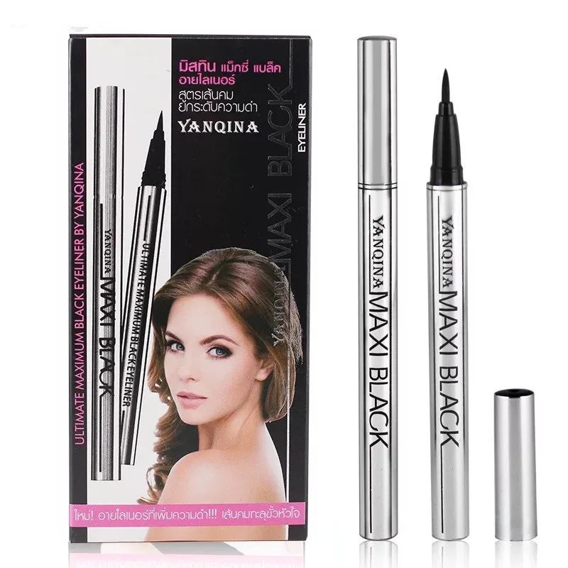 

12Pcs YANQINA Cool MAXI black eyeliner pencil quick dry in silver/red tube waterproof long lasting natural black liquor 8634