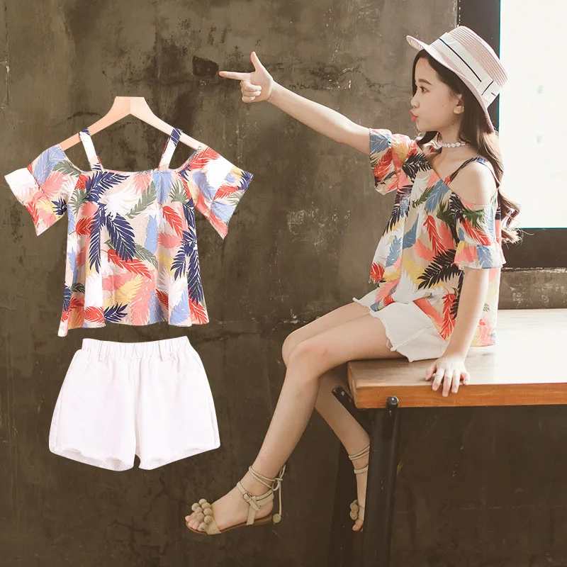 

Menoea Teenagers Girl Clothes Sets Summer Print Sling Tops T-shirts Denim Shorts 2pcs Suits for Teens Girls Casual Clothing