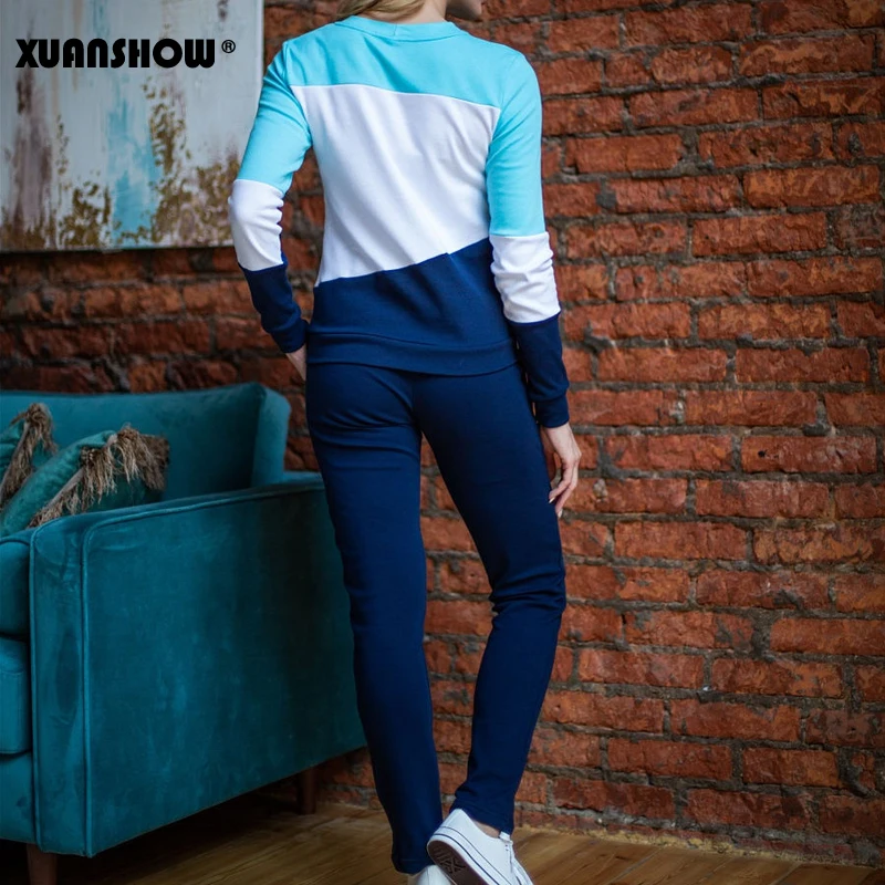 XUANSHOW спортивный костюм женский Новое поступление Осень зима сращивание Длинный рукав Толстовка и длинные брюки Набор из двух частей