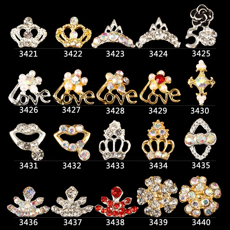 

New 20pcs High Quality Alloy Crown Loves A Variety of Shapes Rhinestones 3D Charm Nail Supplies DIY Nail Art Decoration