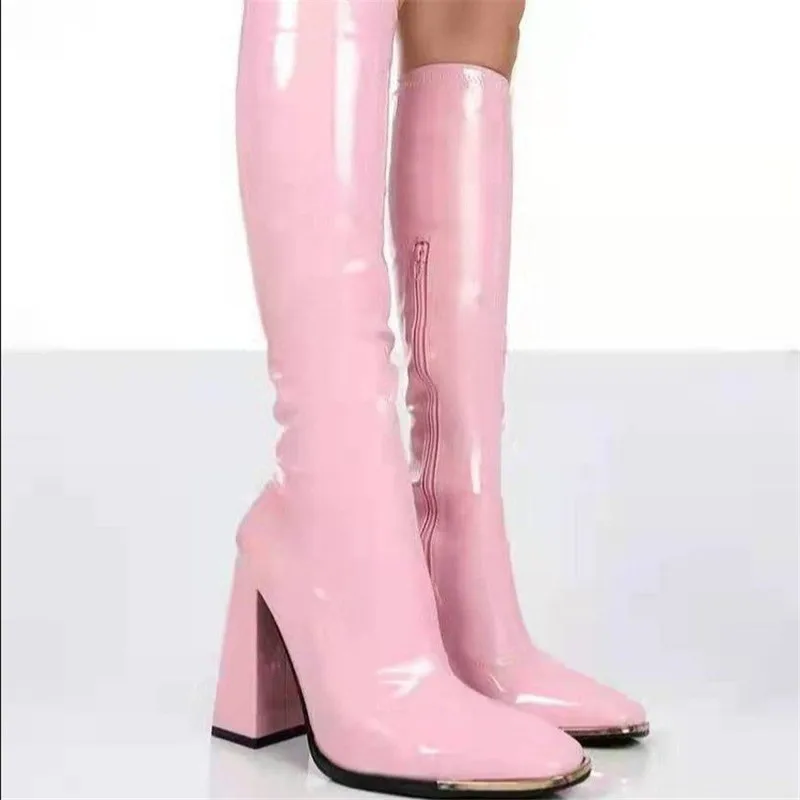 

Size 35-43 Super High Heel Long Boots Sexy Slim Patent Leather Knee-High Women's Boots Fashion Square Toe Side Zip Female Shoes