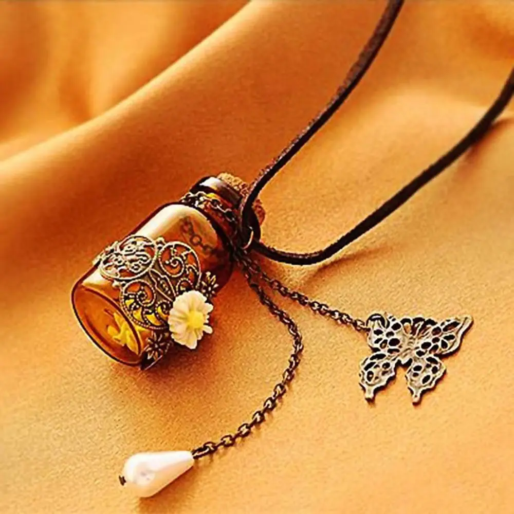 Lucky Charm Long Leather Cord Retro Cork Glass Flask Pendant Carved Flower Wishing Bottle Necklace Sweater Chain | Украшения и