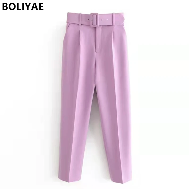 

Boliyae 2021 Women Pant Traf Casual High Waist Chic Office Ladies Female Elegant Straight Suit Pants Trousers Belt Side Pockets