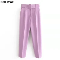 boliyae 2021 women pant traf casual high waist chic office ladies female elegant straight suit pants trousers belt side pockets