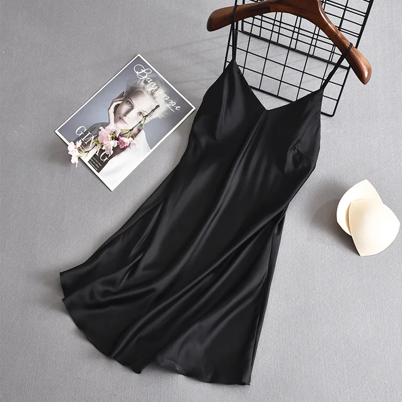 Summer Suspender Nightdress Women Ice Silk Sexy Home Wear Women's Silk Satin Imitation Pure Color Nightdress with Breast Pad